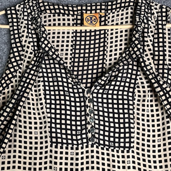Tory Burch Silk Top Size 10 Sleeveless Bow Tie Neck Geometric Chic Office - Picture 8 of 9